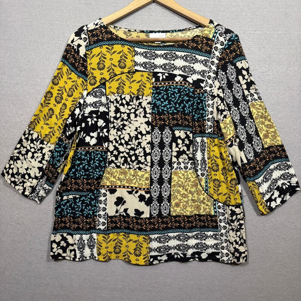 J Jill Rayon Top Medium Floral Patchwork Boho Artsy Scoop Neck Popover Blouse
